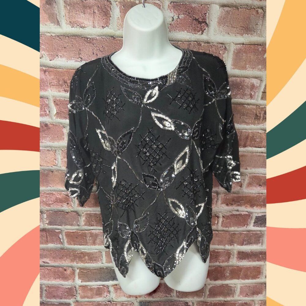 Argenti Silk Beaded Top‎ S | Vintage Black Sequin Scallop Hem Party Eveningwear